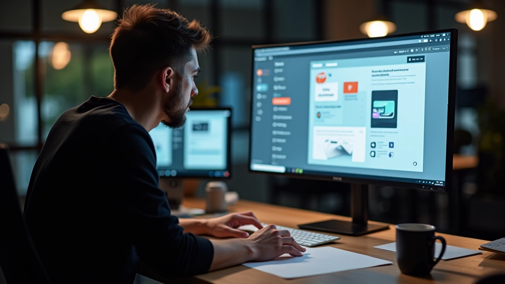 Designer trabalhando com componentes de UI em monitor profissional