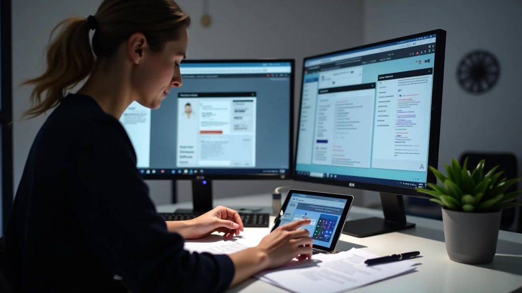 Designer trabalhando em componentes de UI em monitor, analisando padrões de design e hierarquia visual