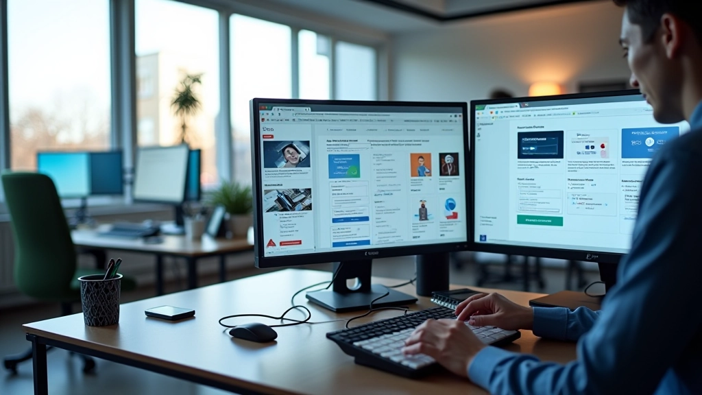 Espaço de trabalho moderno do estúdio de design com múltiplos monitores e interfaces de UI